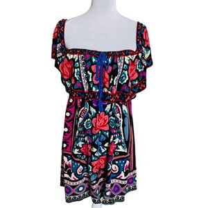 Flying Tomato Boho Floral Off Shoulder Tunic Dress Size M Tassels Mini Coachella